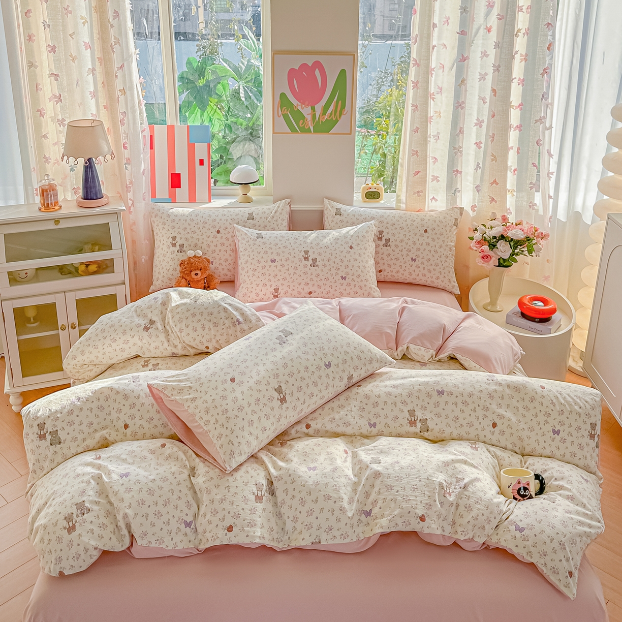 91家纺网 家纺一手货源 找家纺 斯卡诺家纺 2026新款春夏古法水洗仿棉云感纱四件套小布袋五件套 哆咪熊