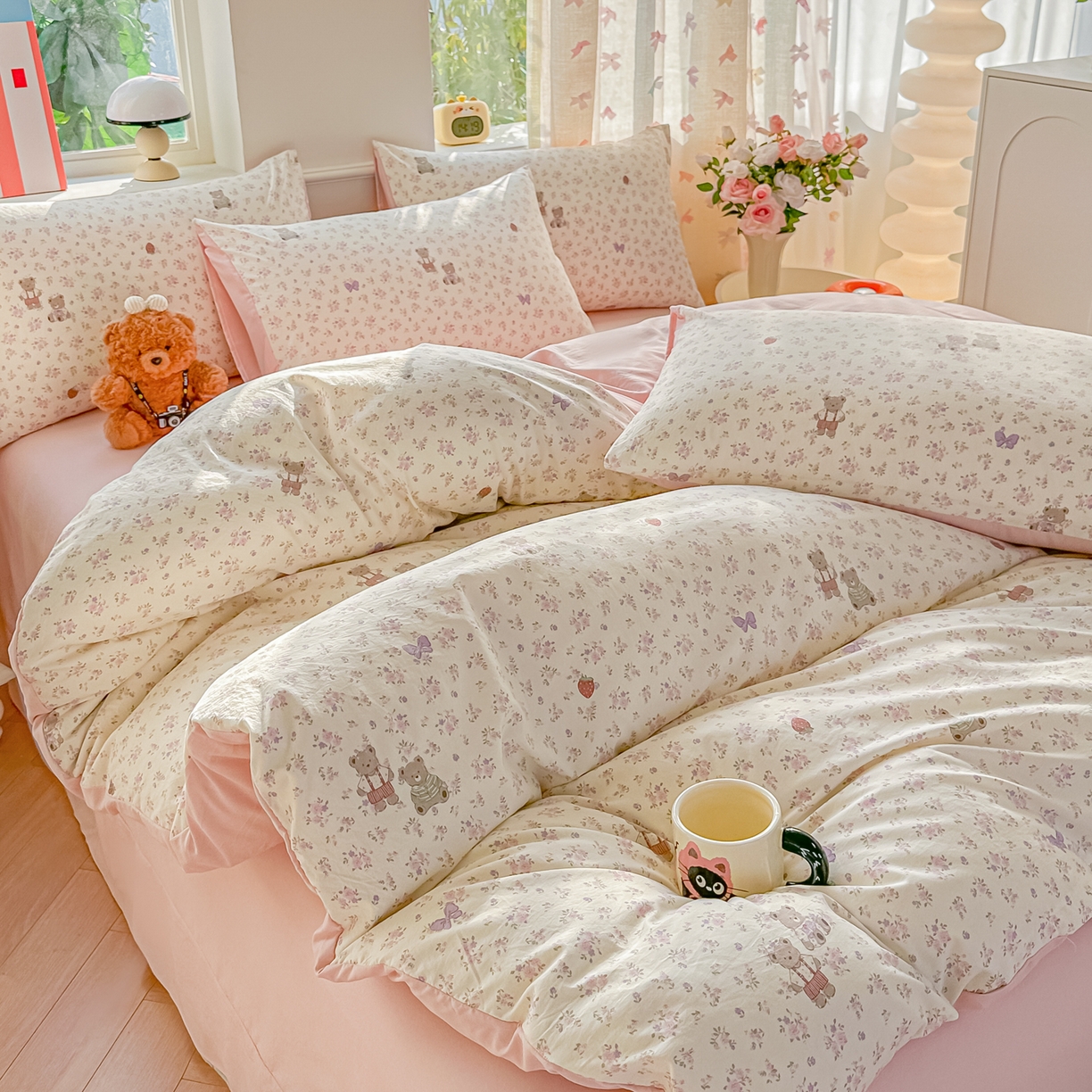 91家纺网 家纺一手货源 找家纺 斯卡诺家纺 2026新款春夏古法水洗仿棉云感纱四件套小布袋五件套 哆咪熊