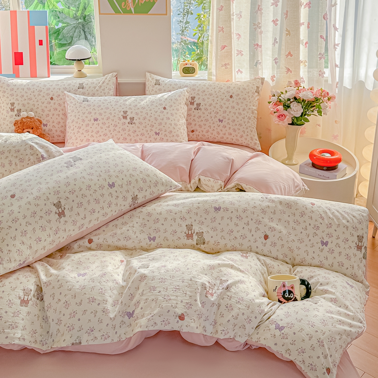 91家纺网 家纺一手货源 找家纺 斯卡诺家纺 2026新款春夏古法水洗仿棉云感纱四件套小布袋五件套 哆咪熊