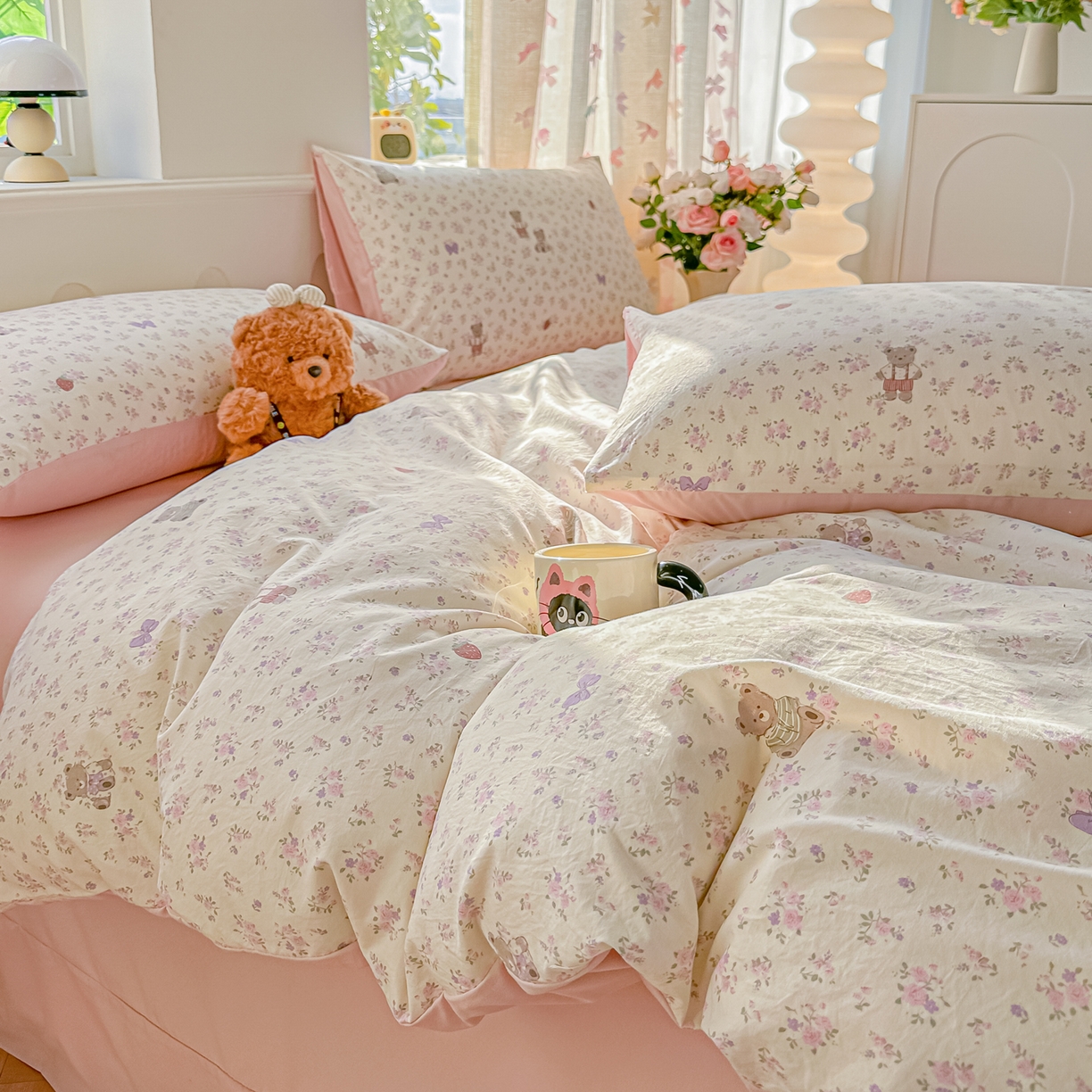 91家纺网 家纺一手货源 找家纺 斯卡诺家纺 2026新款春夏古法水洗仿棉云感纱四件套小布袋五件套 哆咪熊