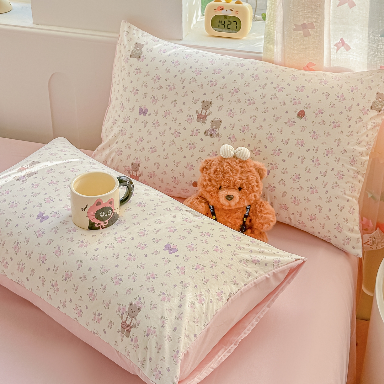 91家纺网 家纺一手货源 找家纺 斯卡诺家纺 2026新款春夏古法水洗仿棉云感纱四件套小布袋五件套 哆咪熊