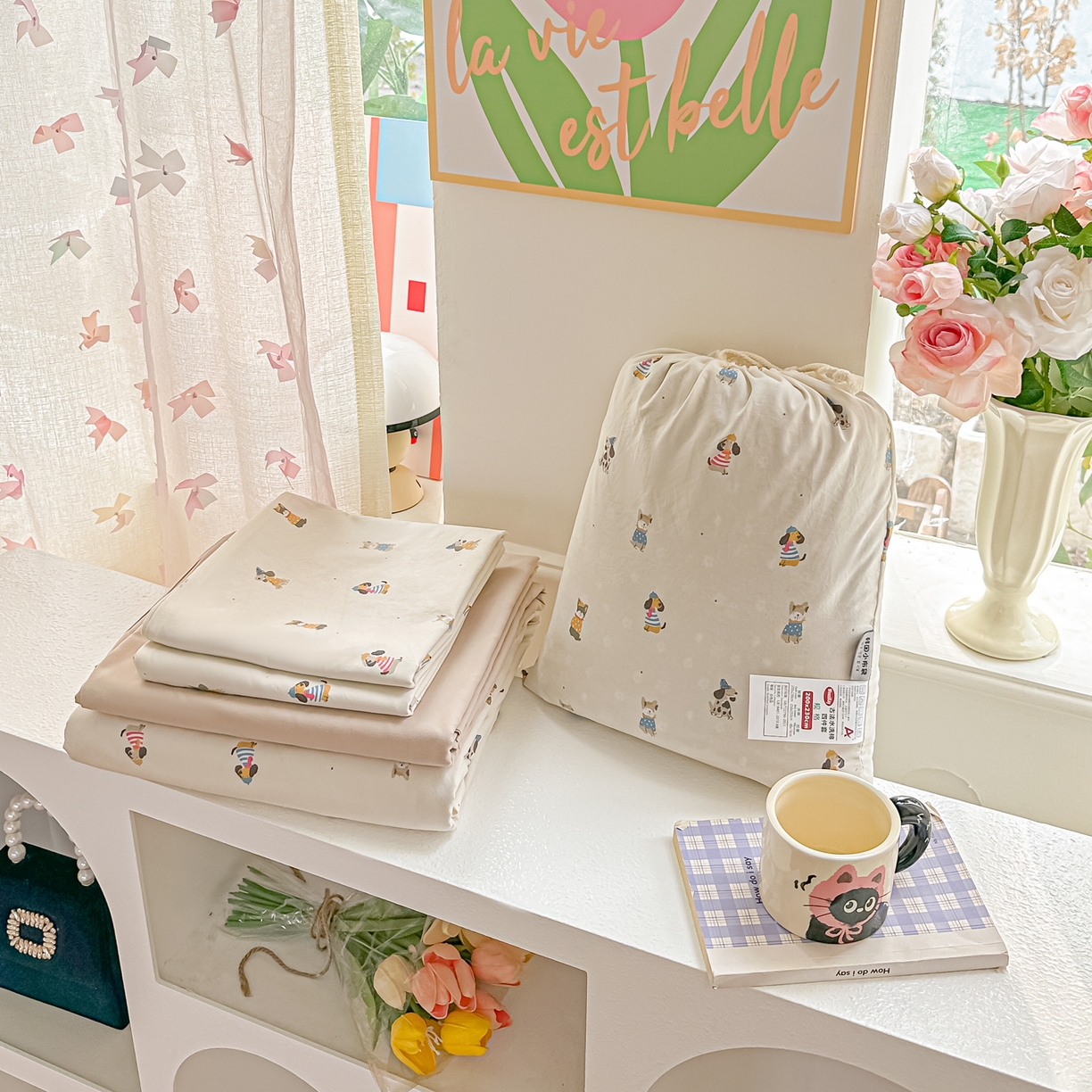 91家纺网 家纺一手货源 找家纺 斯卡诺家纺 2026新款春夏古法水洗仿棉云感纱四件套小布袋五件套 狗狗家族