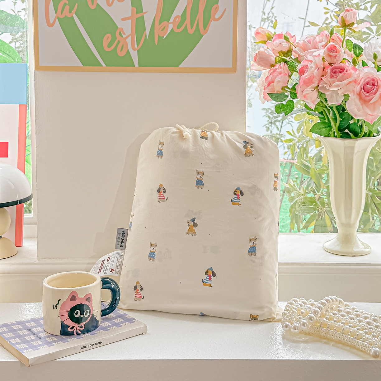 91家纺网 家纺一手货源 找家纺 斯卡诺家纺 2026新款春夏古法水洗仿棉云感纱四件套小布袋五件套 狗狗家族