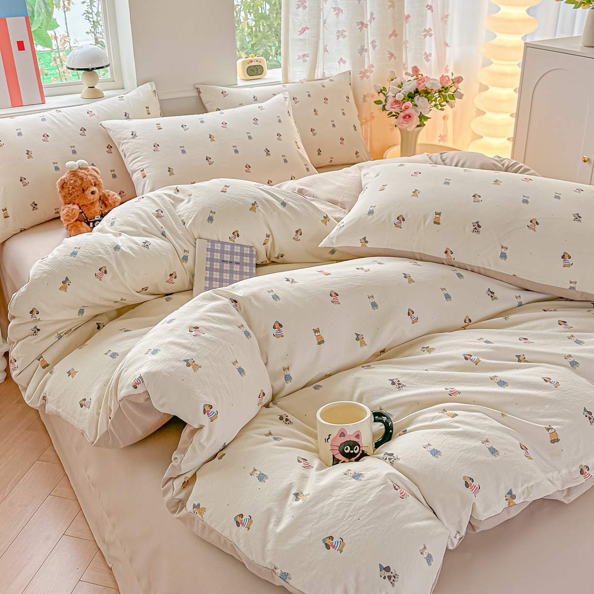 91家纺网 家纺一手货源 找家纺 斯卡诺家纺 2026新款春夏古法水洗仿棉云感纱四件套小布袋五件套 狗狗家族