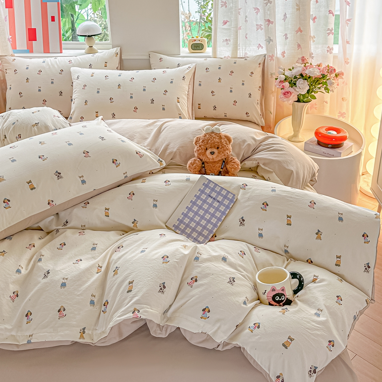 91家纺网 家纺一手货源 找家纺 斯卡诺家纺 2026新款春夏古法水洗仿棉云感纱四件套小布袋五件套 狗狗家族