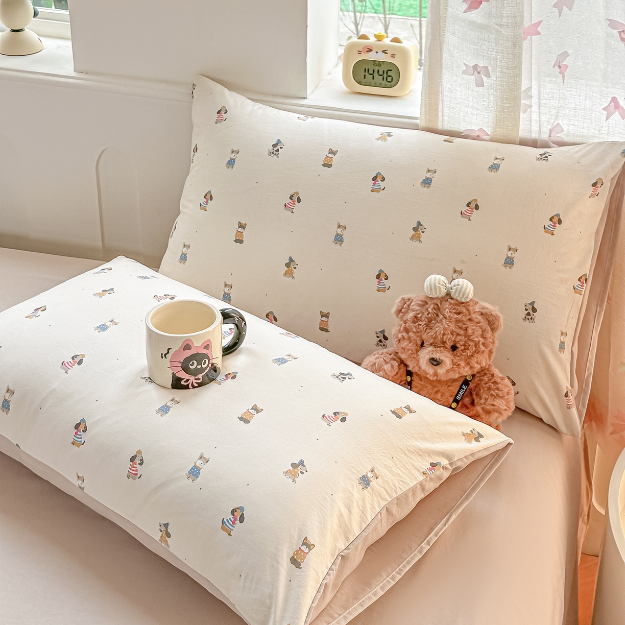 91家纺网 家纺一手货源 找家纺 斯卡诺家纺 2026新款春夏古法水洗仿棉云感纱四件套小布袋五件套 狗狗家族