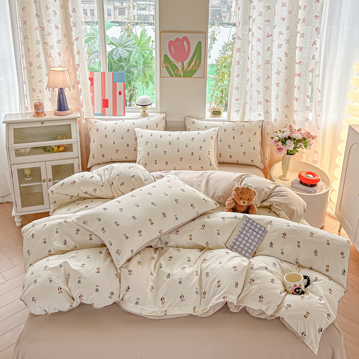 91家纺网 家纺一手货源 找家纺 斯卡诺家纺 2026新款春夏古法水洗仿棉云感纱四件套小布袋五件套 狗狗家族