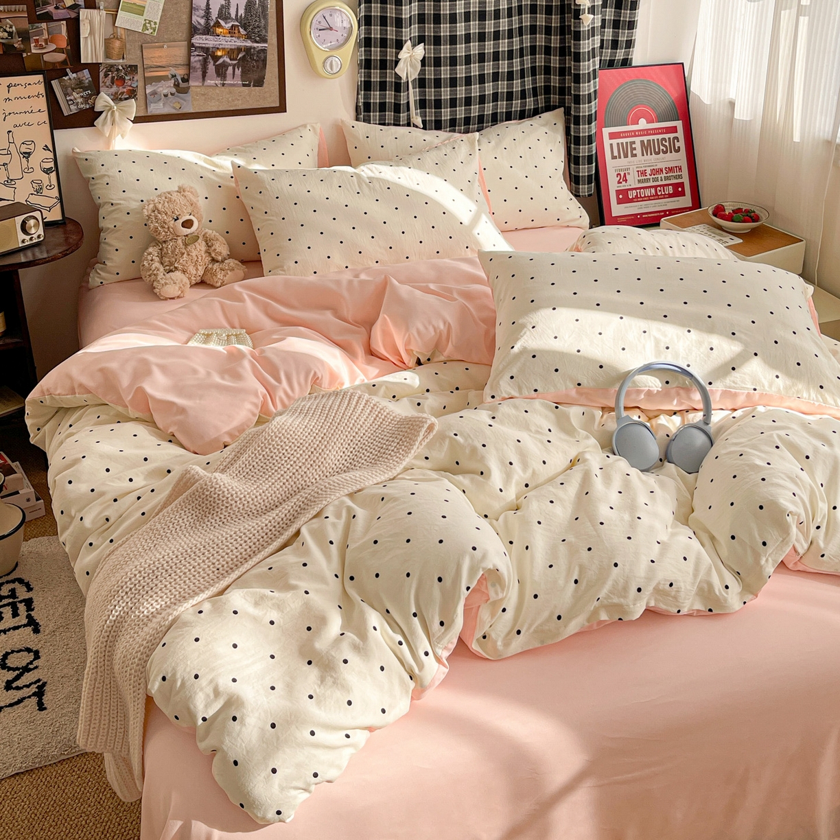 赫然 2026新款水洗双层纱四件套 波点粉