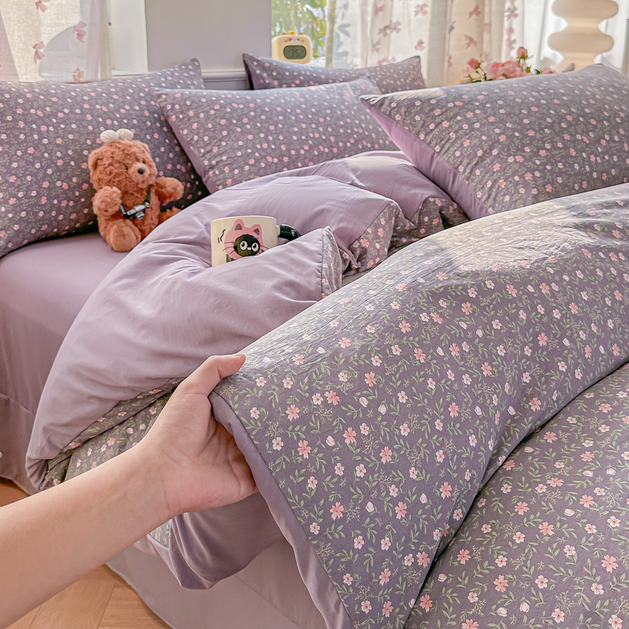 91家纺网 家纺一手货源 找家纺 斯卡诺家纺 2026新款春夏古法水洗仿棉云感纱四件套小布袋五件套 花絮