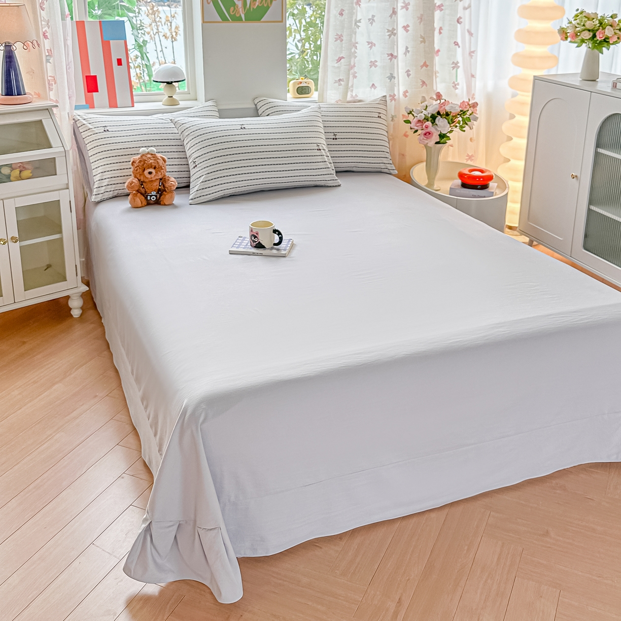 91家纺网 家纺一手货源 找家纺 斯卡诺家纺 2026新款春夏古法水洗仿棉云感纱四件套小布袋五件套 灰樱桃