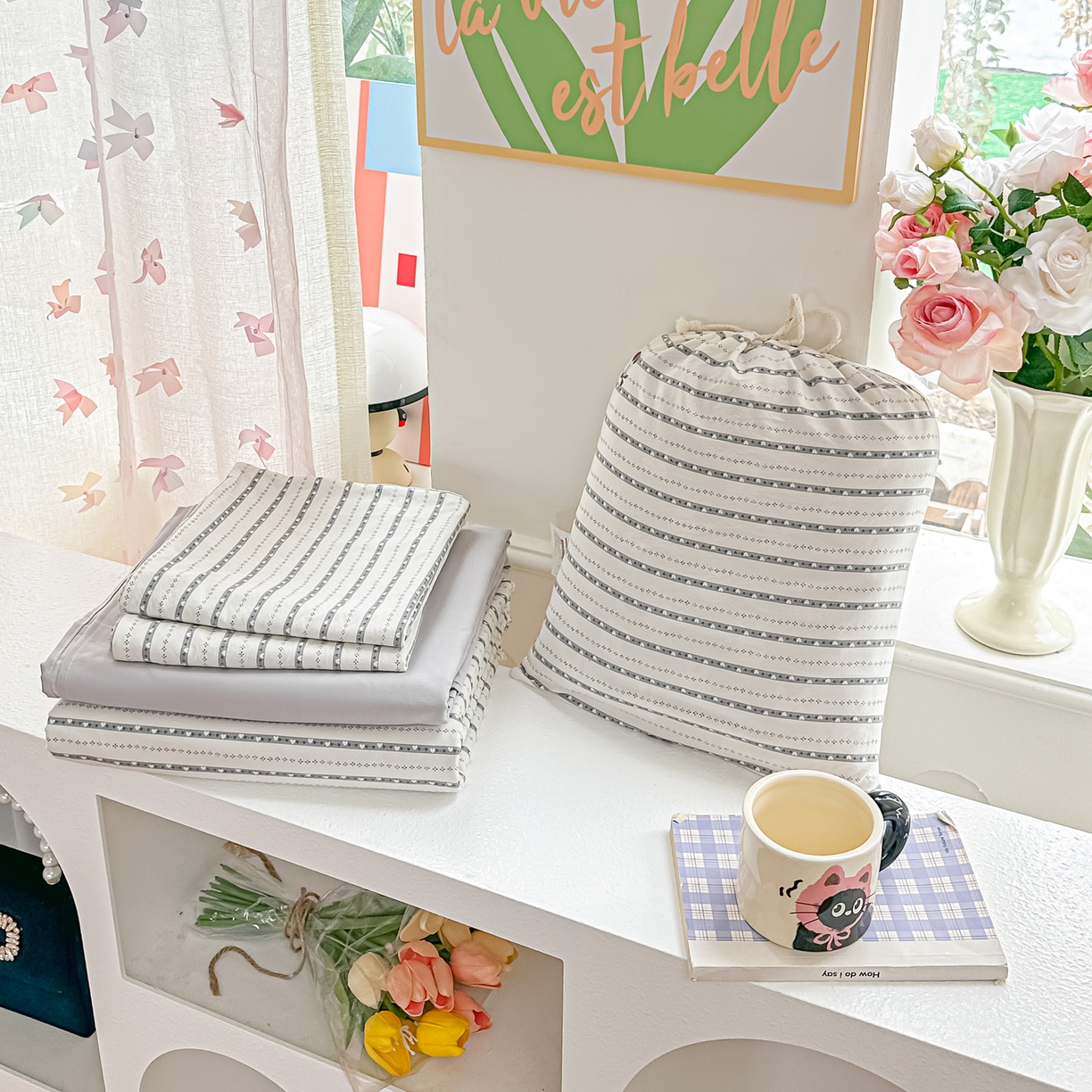 91家纺网 家纺一手货源 找家纺 斯卡诺家纺 2026新款春夏古法水洗仿棉云感纱四件套小布袋五件套 灰樱桃