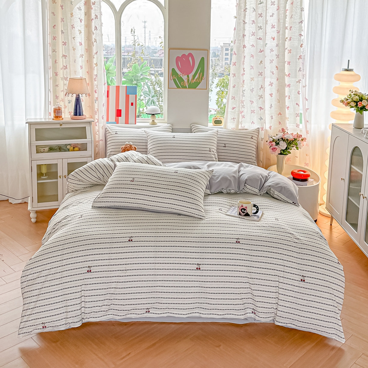 91家纺网 家纺一手货源 找家纺 斯卡诺家纺 2026新款春夏古法水洗仿棉云感纱四件套小布袋五件套 灰樱桃