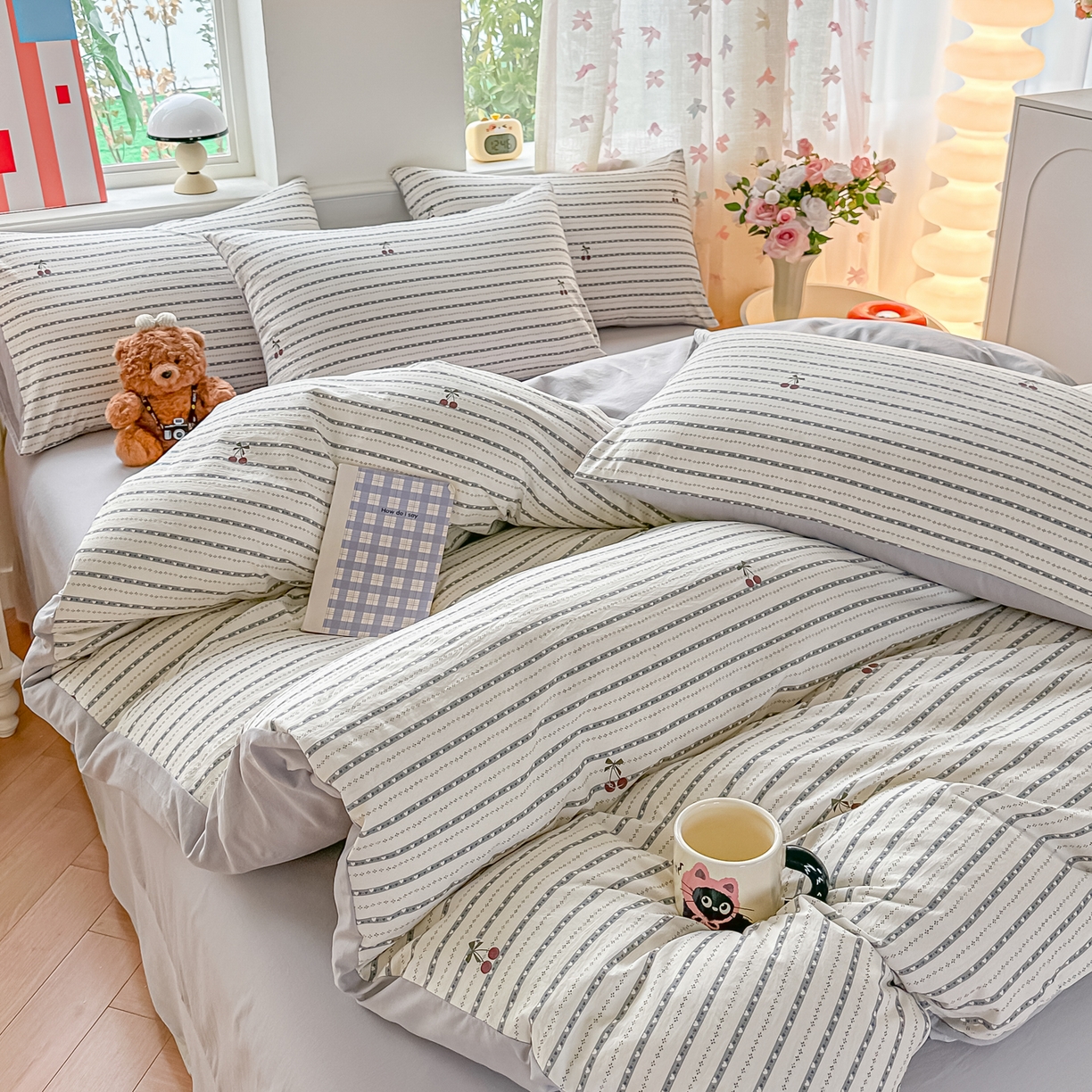 91家纺网 家纺一手货源 找家纺 斯卡诺家纺 2026新款春夏古法水洗仿棉云感纱四件套小布袋五件套 灰樱桃