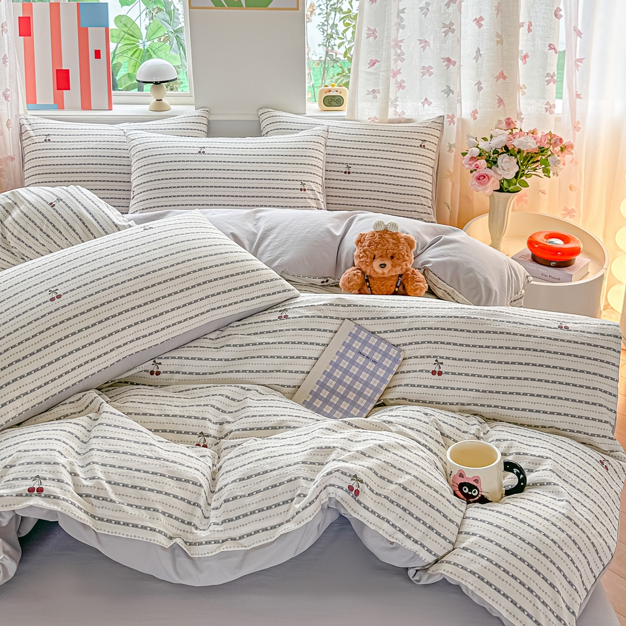 91家纺网 家纺一手货源 找家纺 斯卡诺家纺 2026新款春夏古法水洗仿棉云感纱四件套小布袋五件套 灰樱桃