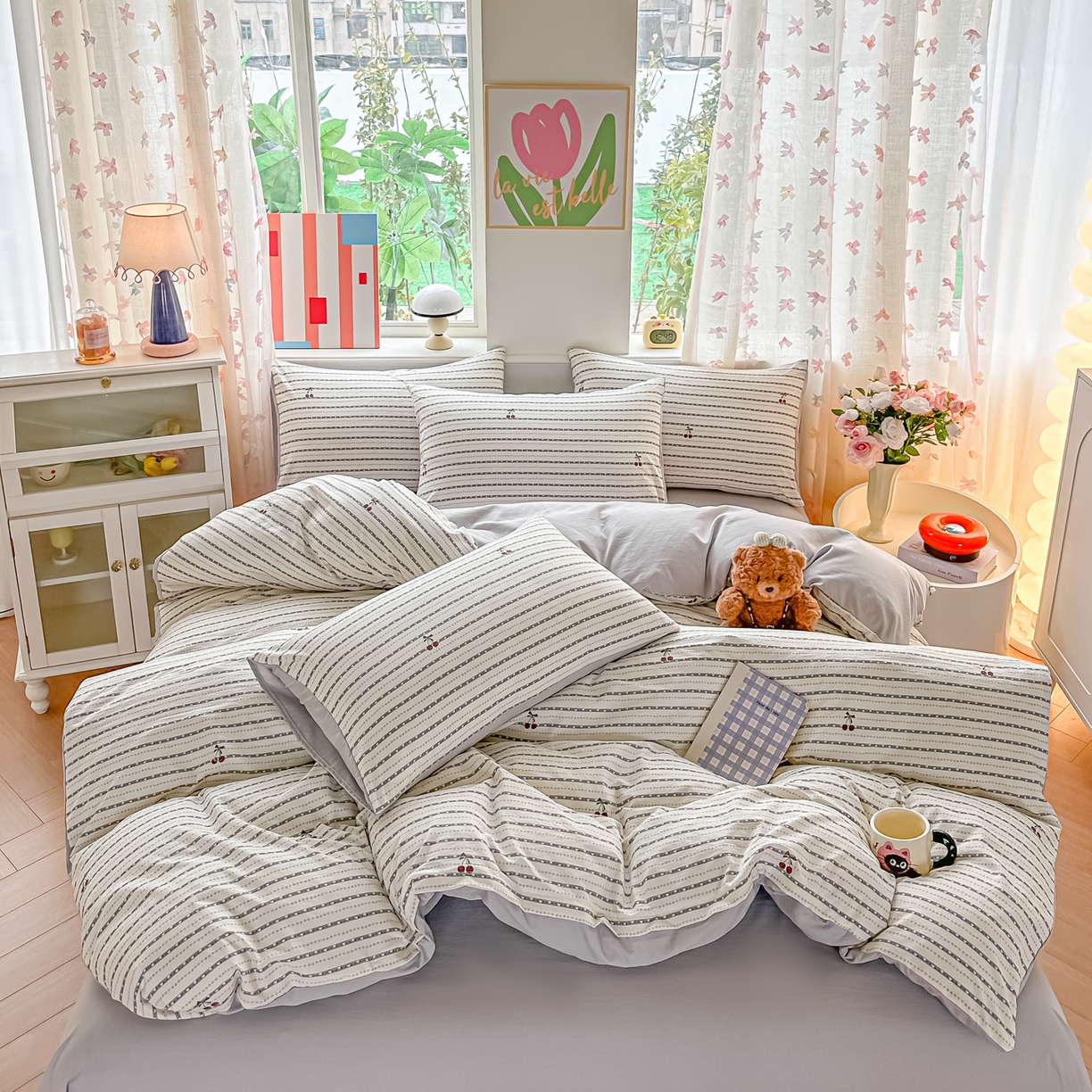 91家纺网 家纺一手货源 找家纺 斯卡诺家纺 2026新款春夏古法水洗仿棉云感纱四件套小布袋五件套 灰樱桃