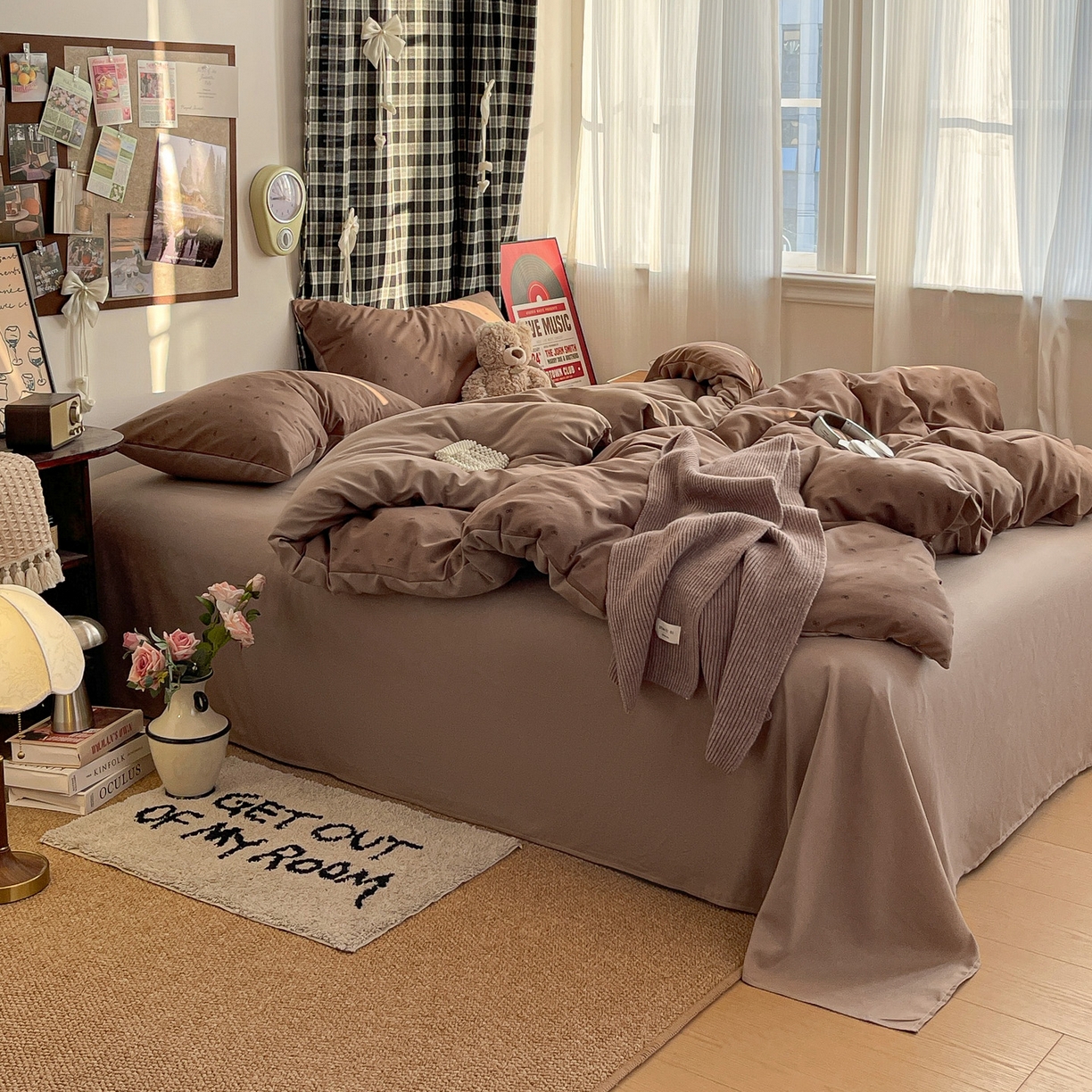 91家纺网 家纺一手货源 找家纺 赫然 2026新款水洗双层纱四件套 焦糖咖