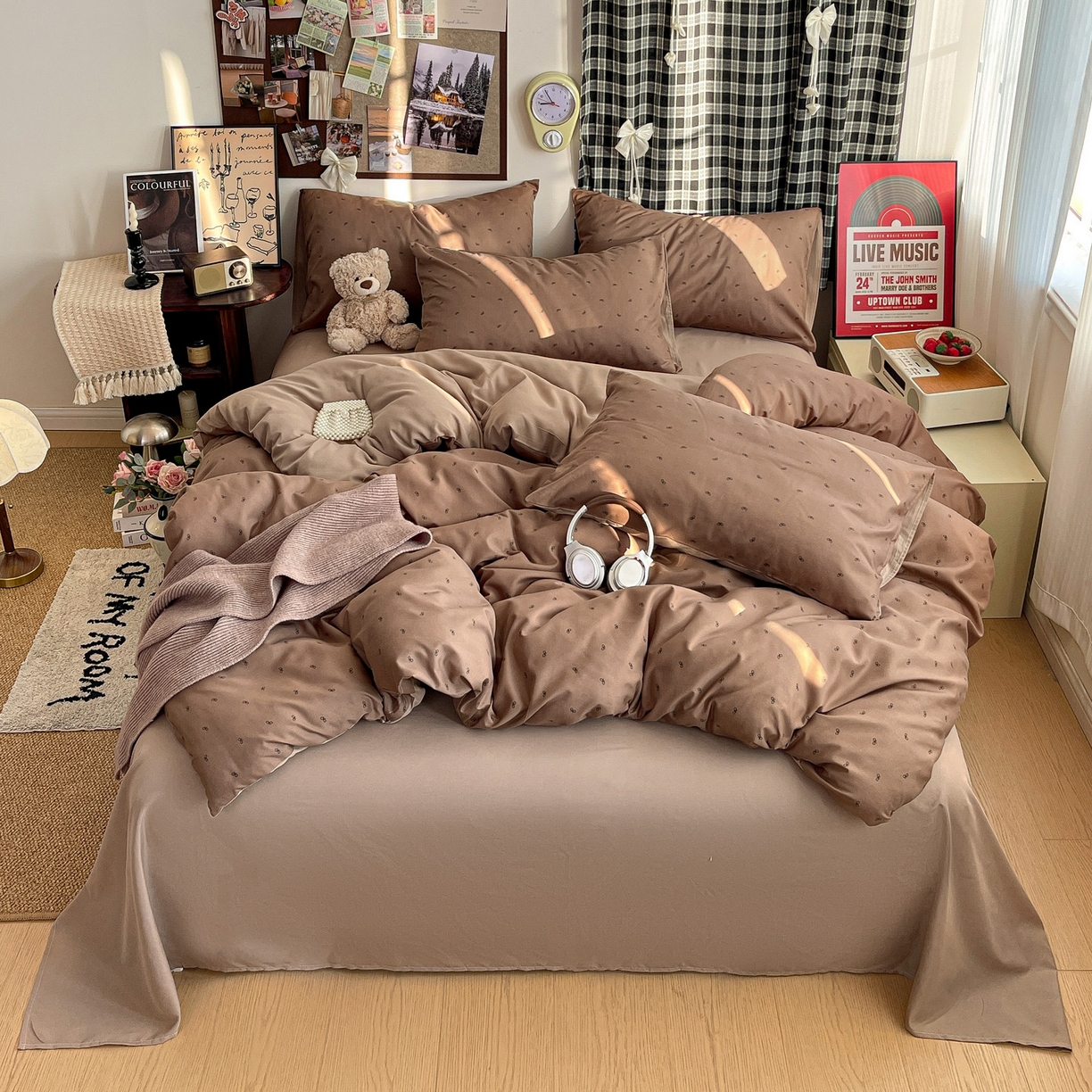 91家纺网 家纺一手货源 找家纺 赫然 2026新款水洗双层纱四件套 焦糖咖