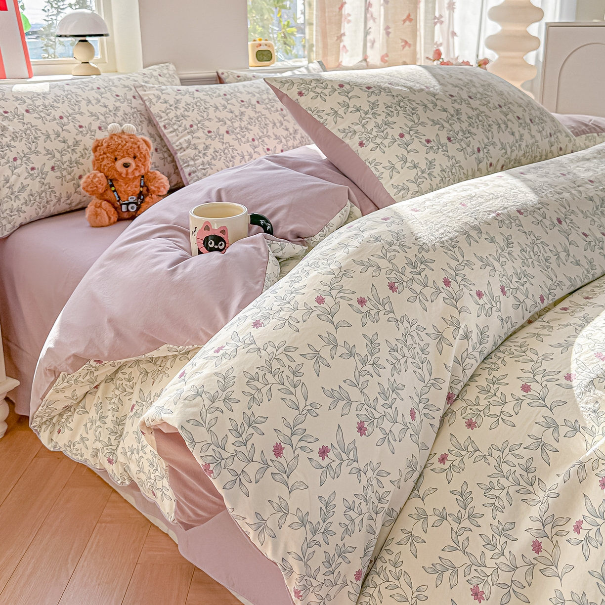 斯卡诺家纺 2026新款春夏古法水洗仿棉云感纱四件套小布袋五件套 满园春色