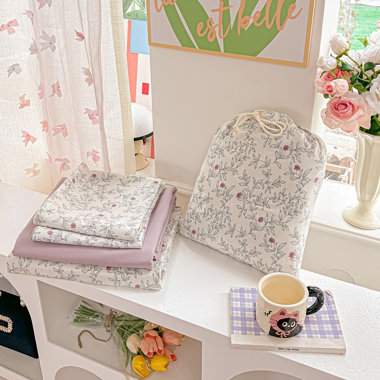 91家纺网 家纺一手货源 找家纺 斯卡诺家纺 2026新款春夏古法水洗仿棉云感纱四件套小布袋五件套 满园春色