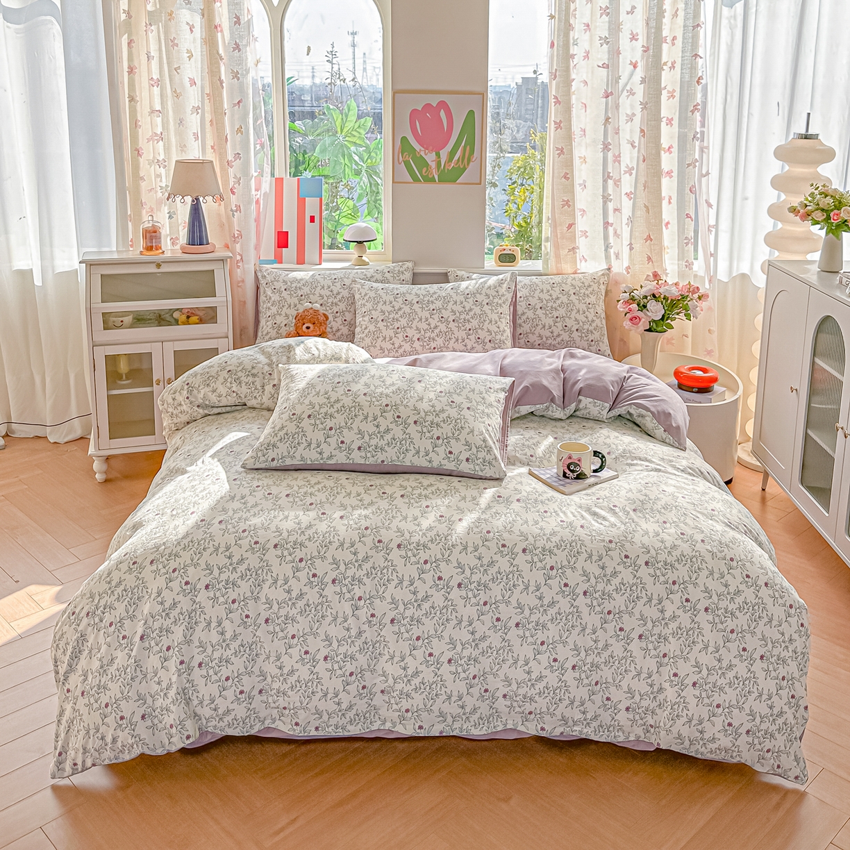 91家纺网 家纺一手货源 找家纺 斯卡诺家纺 2026新款春夏古法水洗仿棉云感纱四件套小布袋五件套 满园春色