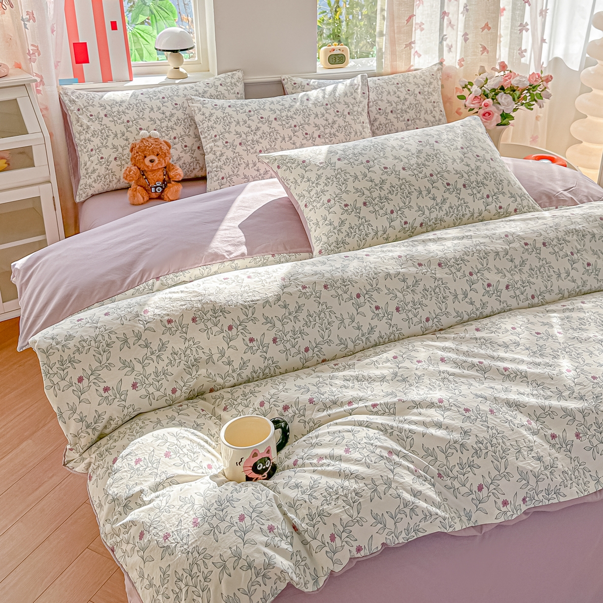 91家纺网 家纺一手货源 找家纺 斯卡诺家纺 2026新款春夏古法水洗仿棉云感纱四件套小布袋五件套 满园春色