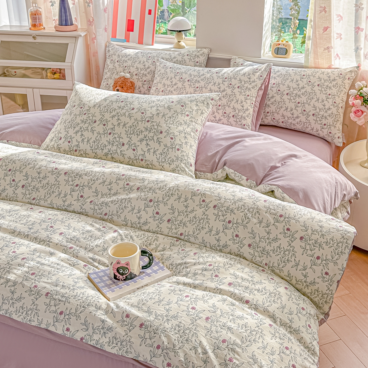 91家纺网 家纺一手货源 找家纺 斯卡诺家纺 2026新款春夏古法水洗仿棉云感纱四件套小布袋五件套 满园春色