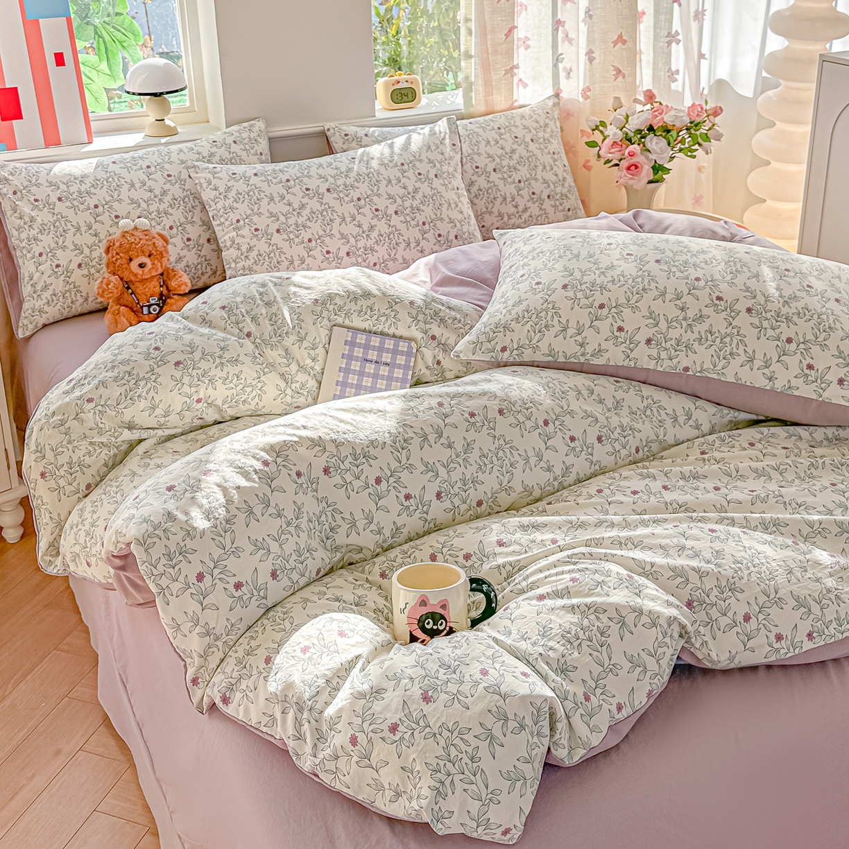 91家纺网 家纺一手货源 找家纺 斯卡诺家纺 2026新款春夏古法水洗仿棉云感纱四件套小布袋五件套 满园春色