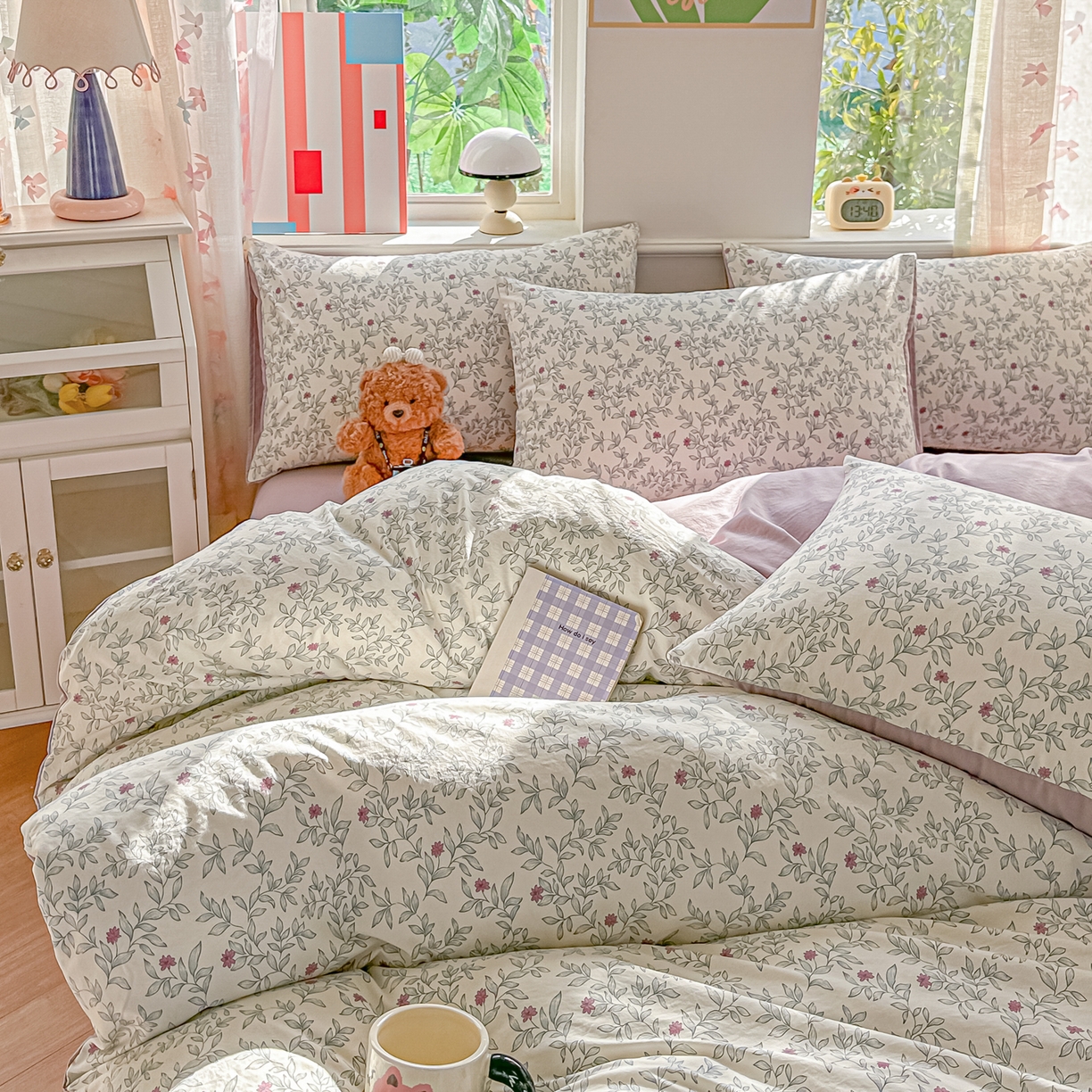 91家纺网 家纺一手货源 找家纺 斯卡诺家纺 2026新款春夏古法水洗仿棉云感纱四件套小布袋五件套 满园春色