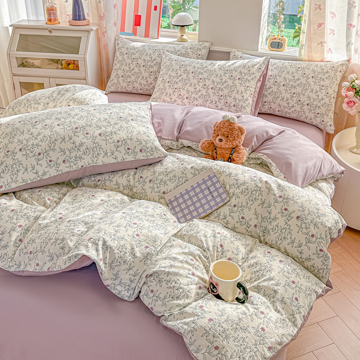 91家纺网 家纺一手货源 找家纺 斯卡诺家纺 2026新款春夏古法水洗仿棉云感纱四件套小布袋五件套 满园春色