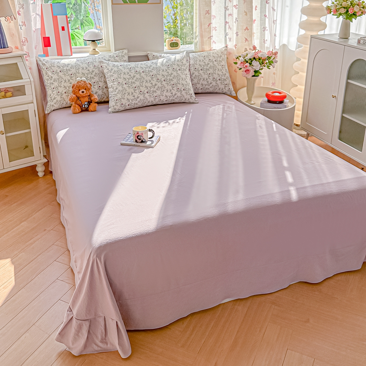 91家纺网 家纺一手货源 找家纺 斯卡诺家纺 2026新款春夏古法水洗仿棉云感纱四件套小布袋五件套 满园春色