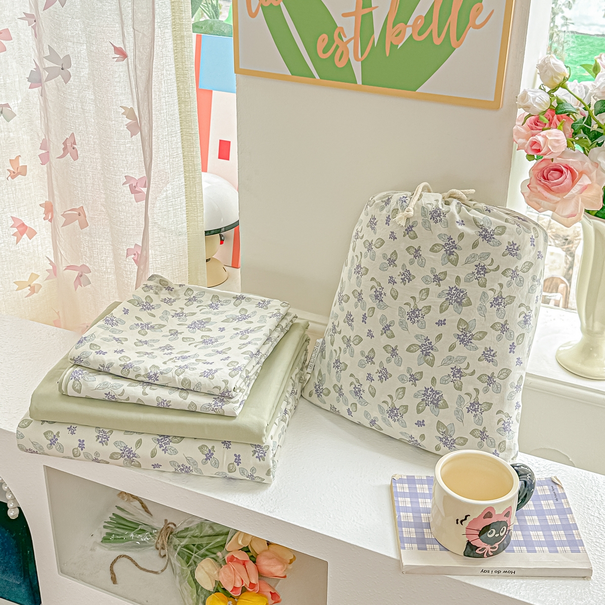 91家纺网 家纺一手货源 找家纺 斯卡诺家纺 2026新款春夏古法水洗仿棉云感纱四件套小布袋五件套 觅时光