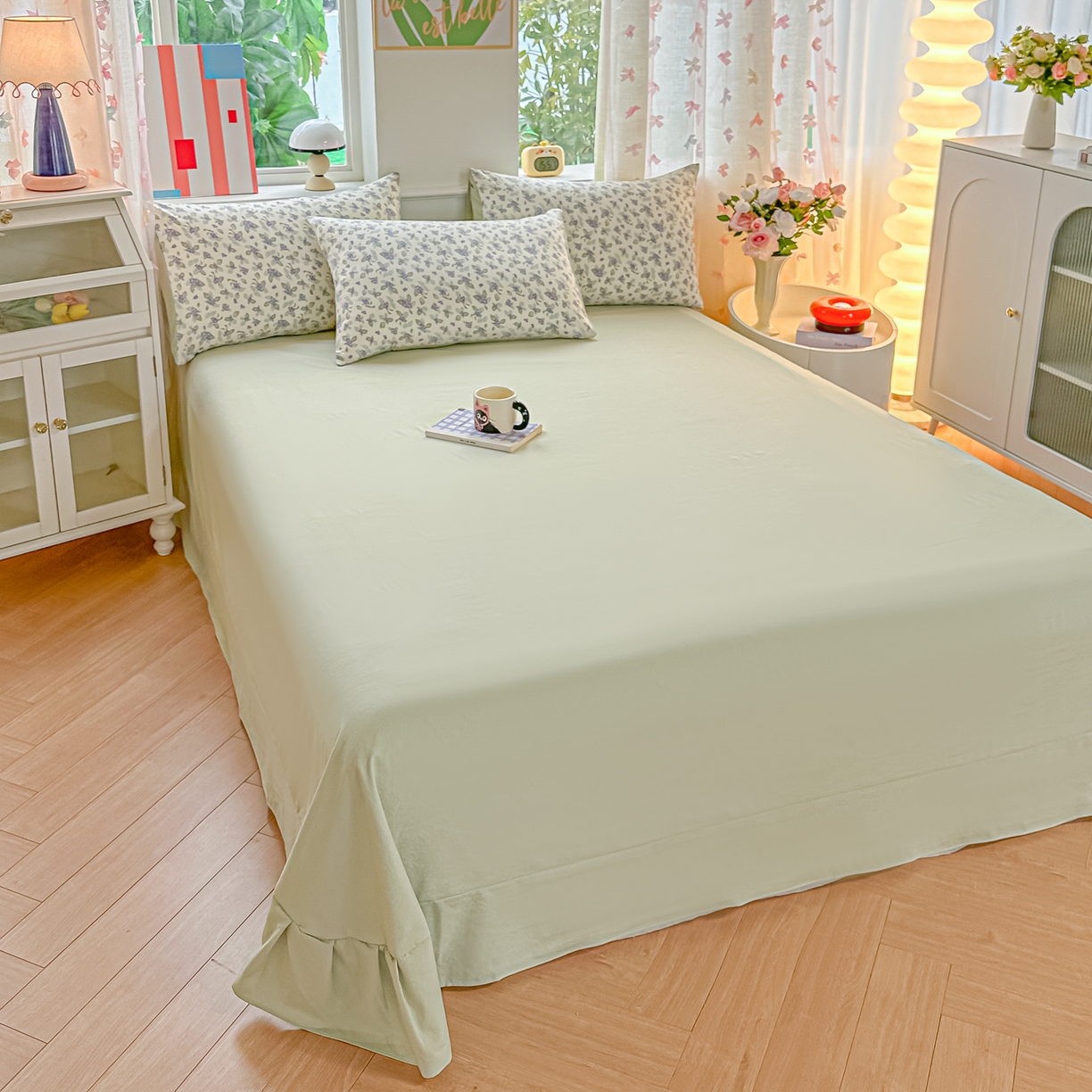 91家纺网 家纺一手货源 找家纺 斯卡诺家纺 2026新款春夏古法水洗仿棉云感纱四件套小布袋五件套 觅时光