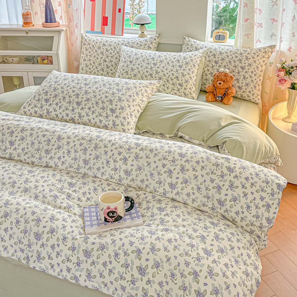 91家纺网 家纺一手货源 找家纺 斯卡诺家纺 2026新款春夏古法水洗仿棉云感纱四件套小布袋五件套 觅时光