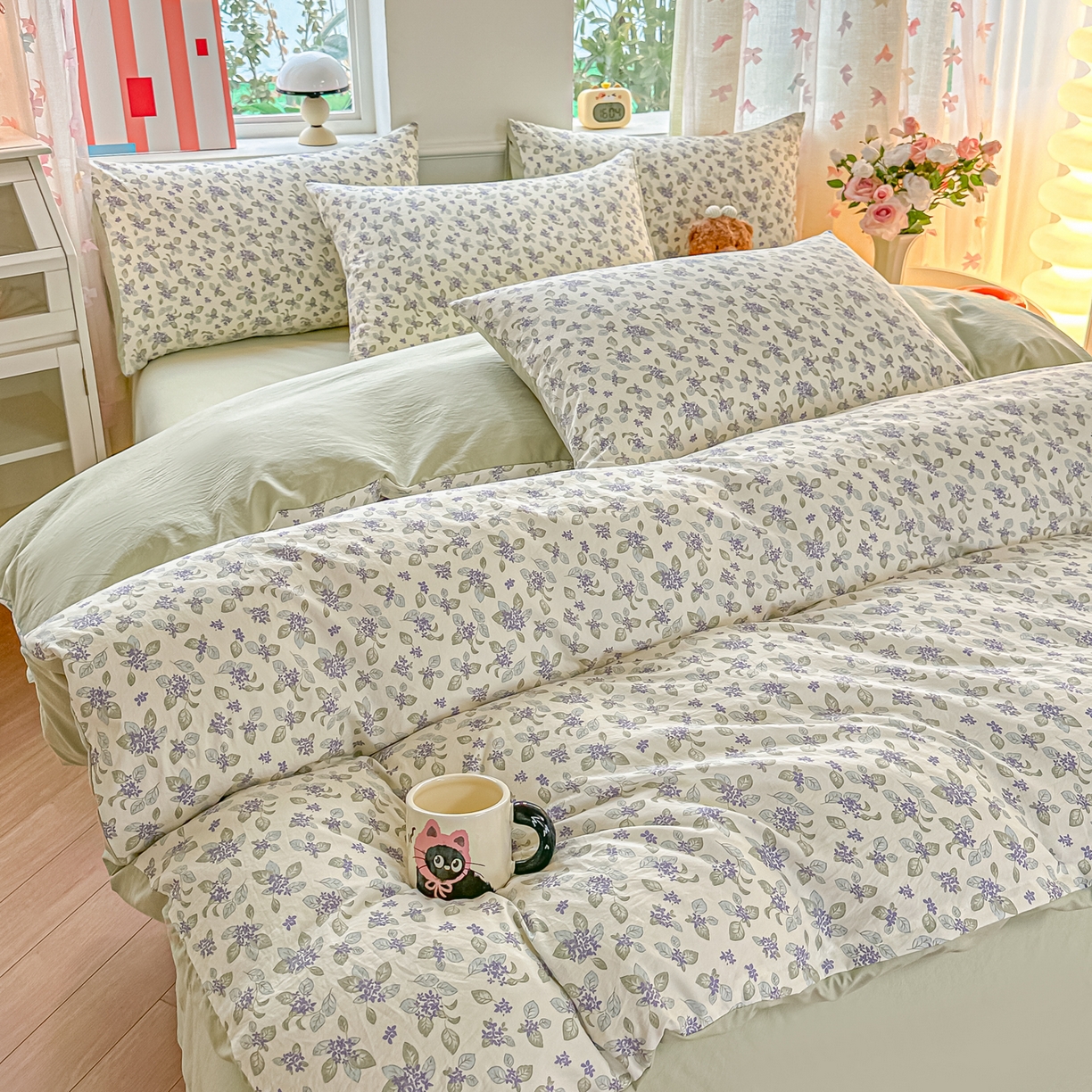 91家纺网 家纺一手货源 找家纺 斯卡诺家纺 2026新款春夏古法水洗仿棉云感纱四件套小布袋五件套 觅时光