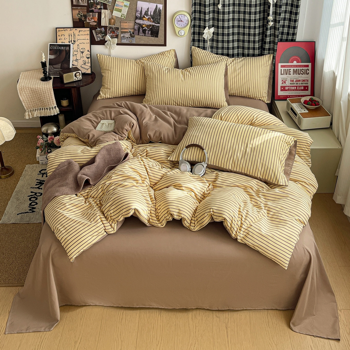 91家纺网 家纺一手货源 找家纺 赫然 2026新款水洗双层纱四件套 柠檬咖条