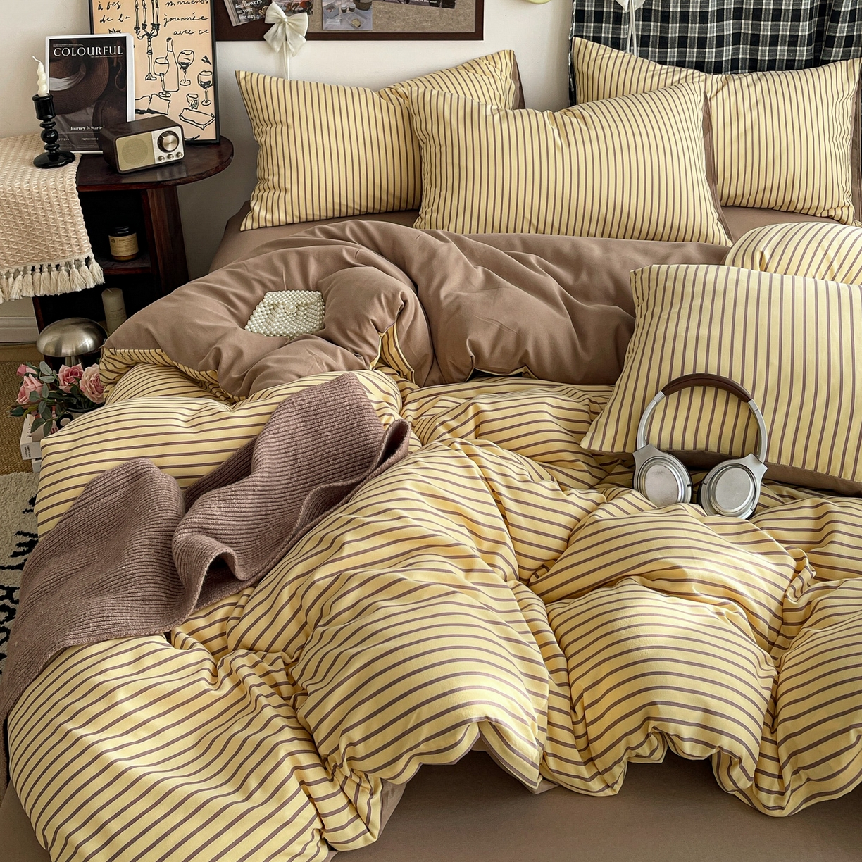 91家纺网 家纺一手货源 找家纺 赫然 2026新款水洗双层纱四件套 柠檬咖条