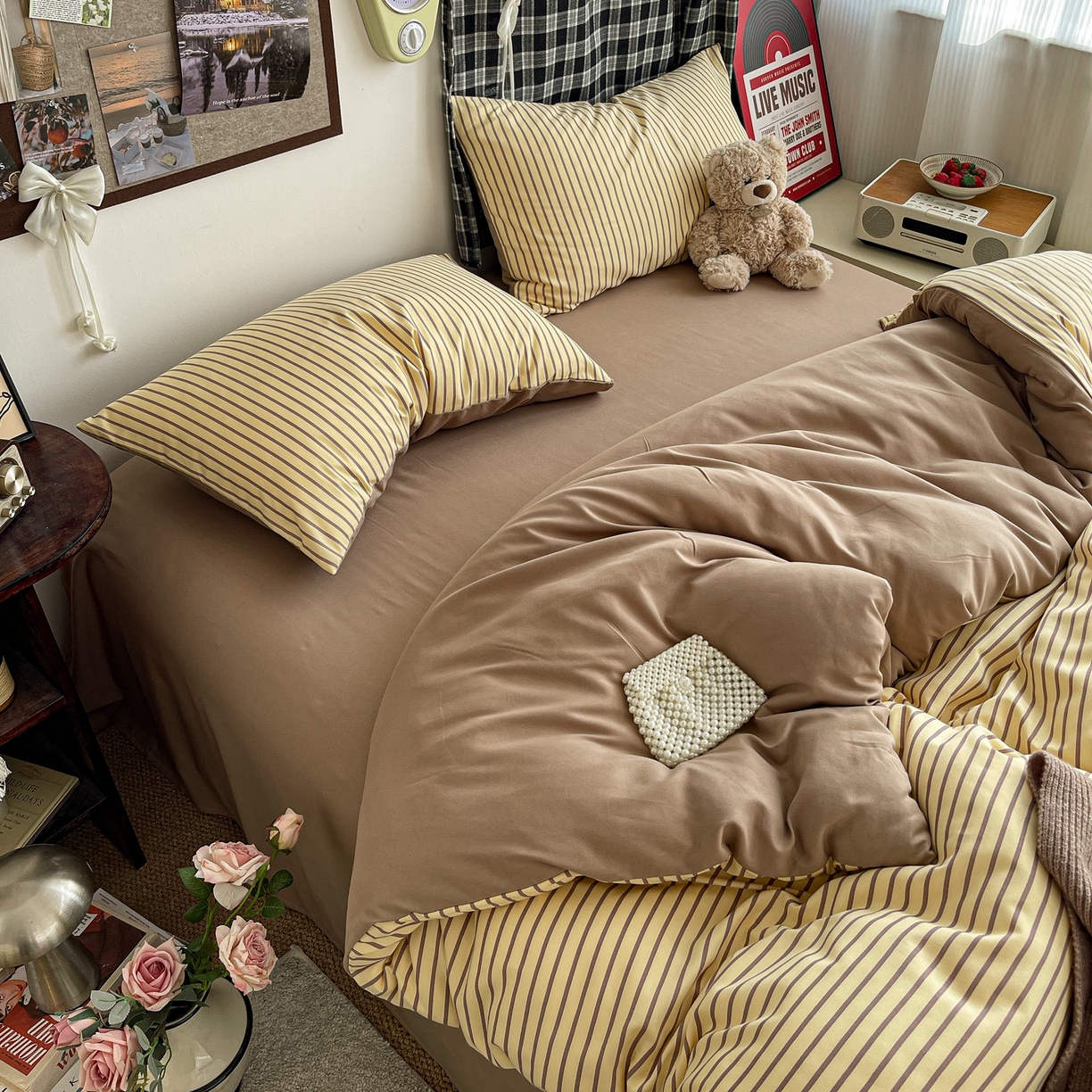 91家纺网 家纺一手货源 找家纺 赫然 2026新款水洗双层纱四件套 柠檬咖条