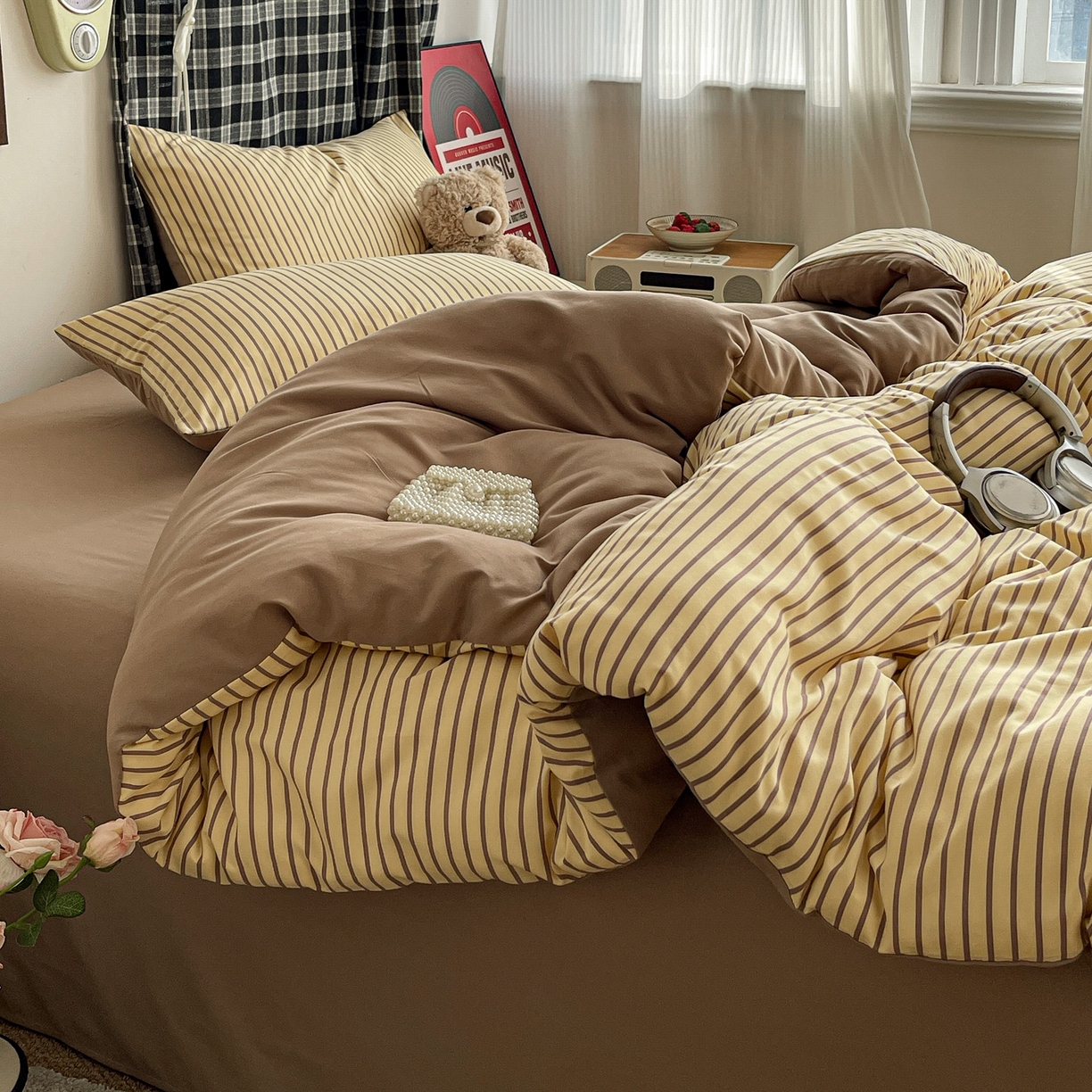 91家纺网 家纺一手货源 找家纺 赫然 2026新款水洗双层纱四件套 柠檬咖条