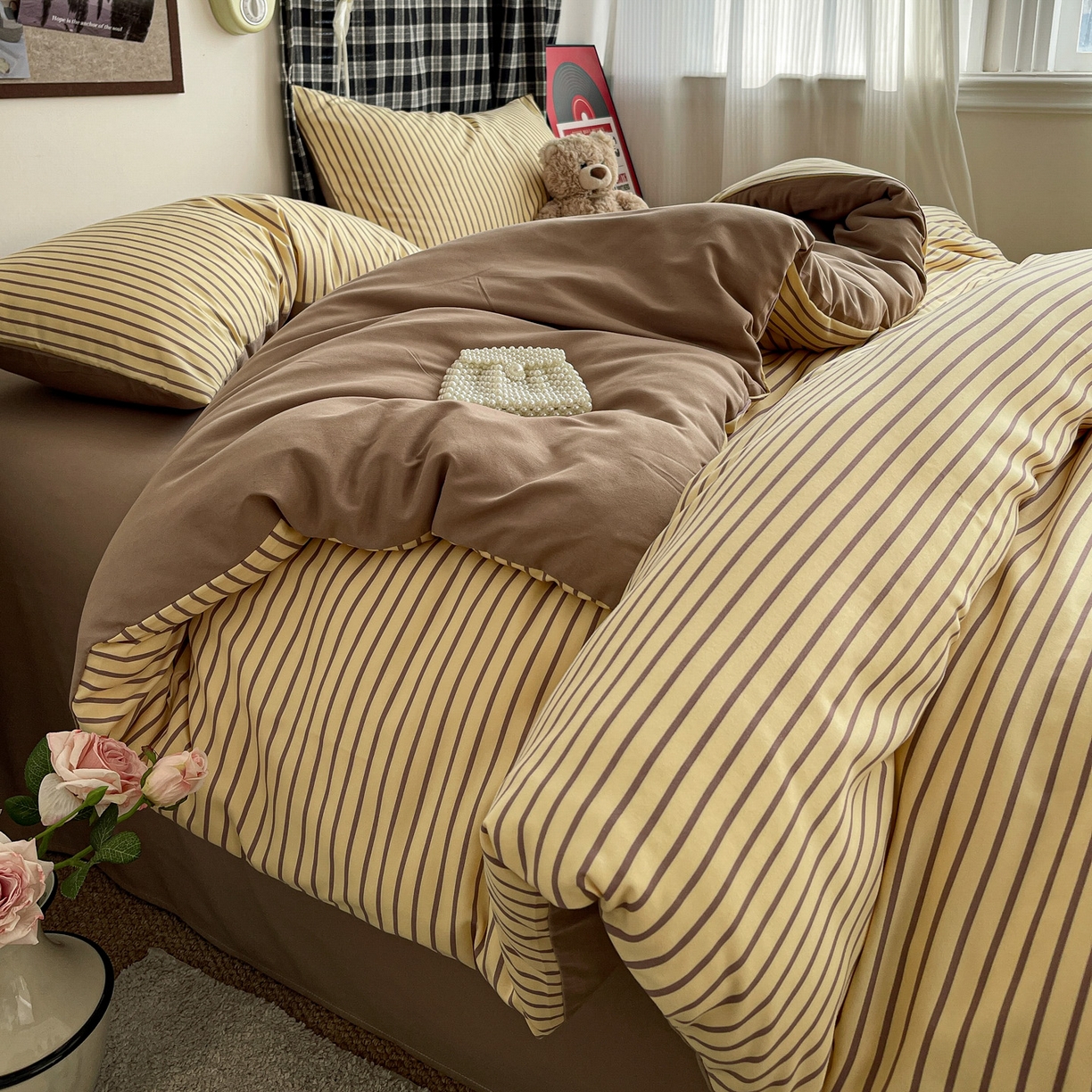 91家纺网 家纺一手货源 找家纺 赫然 2026新款水洗双层纱四件套 柠檬咖条