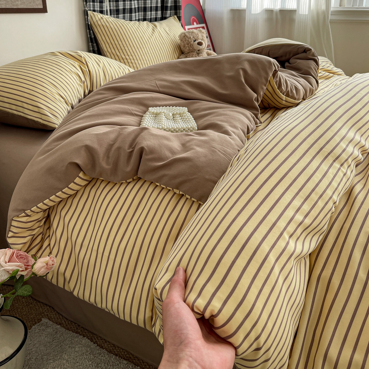 91家纺网 家纺一手货源 找家纺 赫然 2026新款水洗双层纱四件套 柠檬咖条