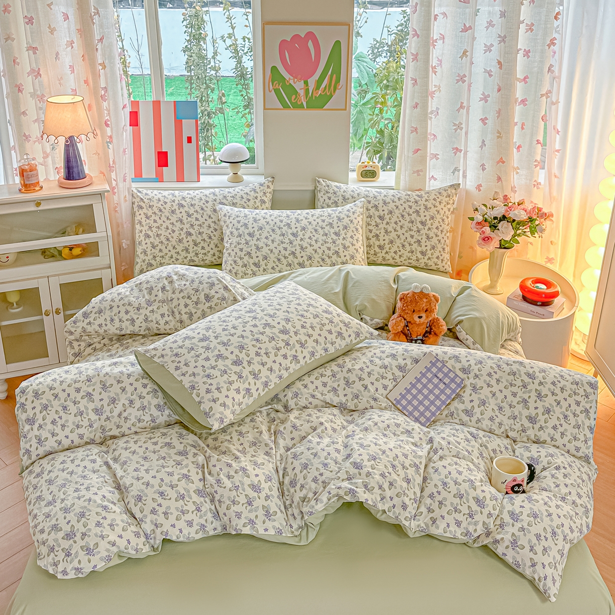 91家纺网 家纺一手货源 找家纺 斯卡诺家纺 2026新款春夏古法水洗仿棉云感纱四件套小布袋五件套 觅时光