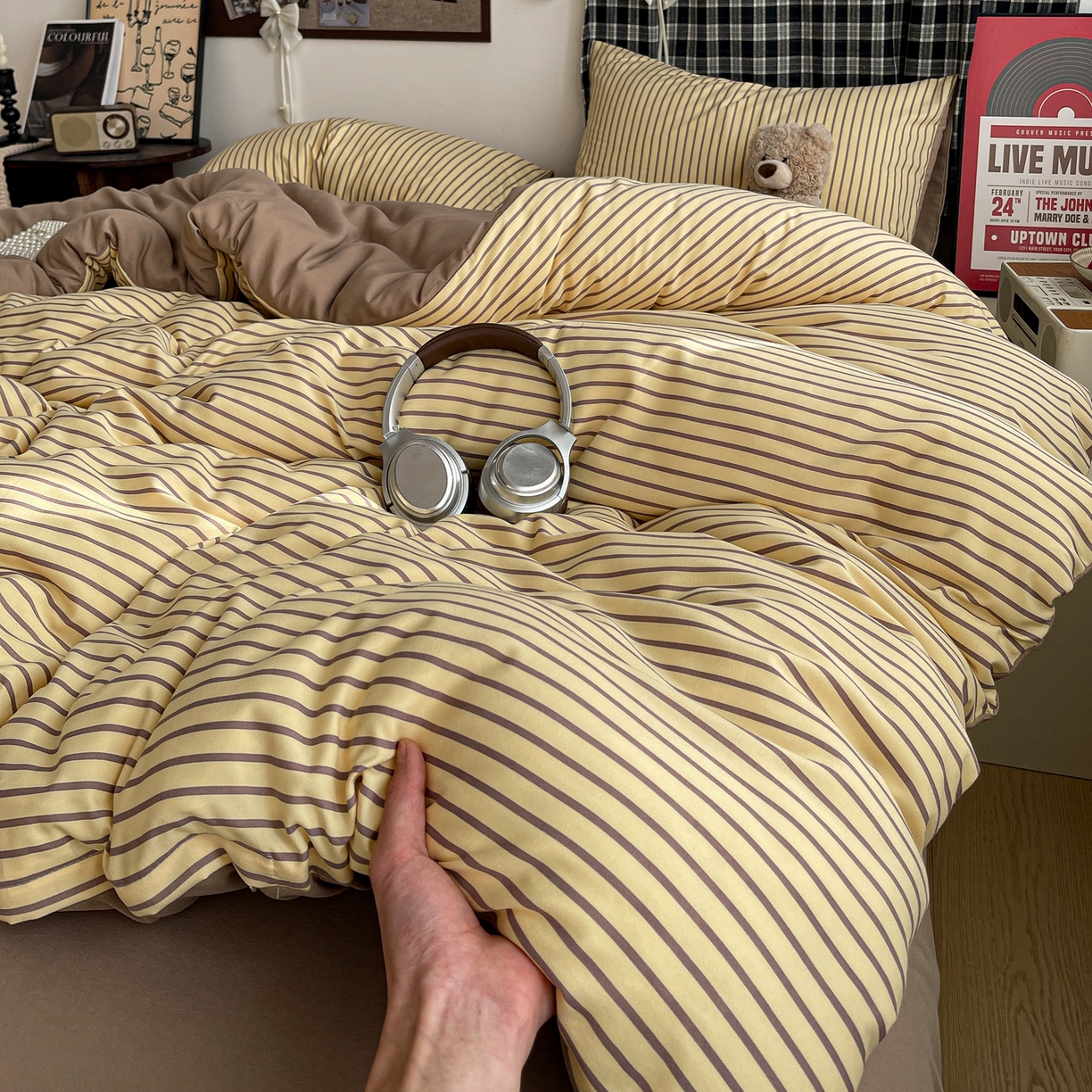 91家纺网 家纺一手货源 找家纺 赫然 2026新款水洗双层纱四件套 柠檬咖条