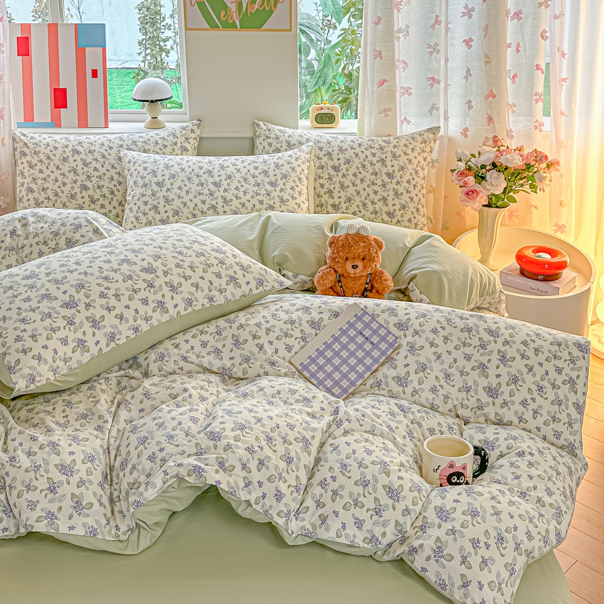 91家纺网 家纺一手货源 找家纺 斯卡诺家纺 2026新款春夏古法水洗仿棉云感纱四件套小布袋五件套 觅时光