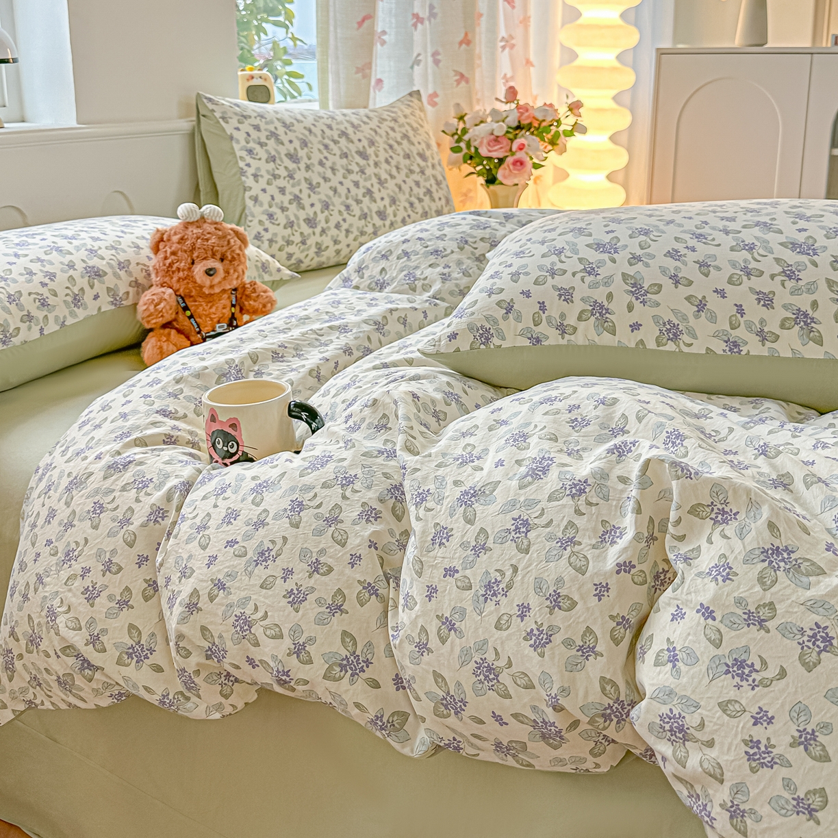 91家纺网 家纺一手货源 找家纺 斯卡诺家纺 2026新款春夏古法水洗仿棉云感纱四件套小布袋五件套 觅时光