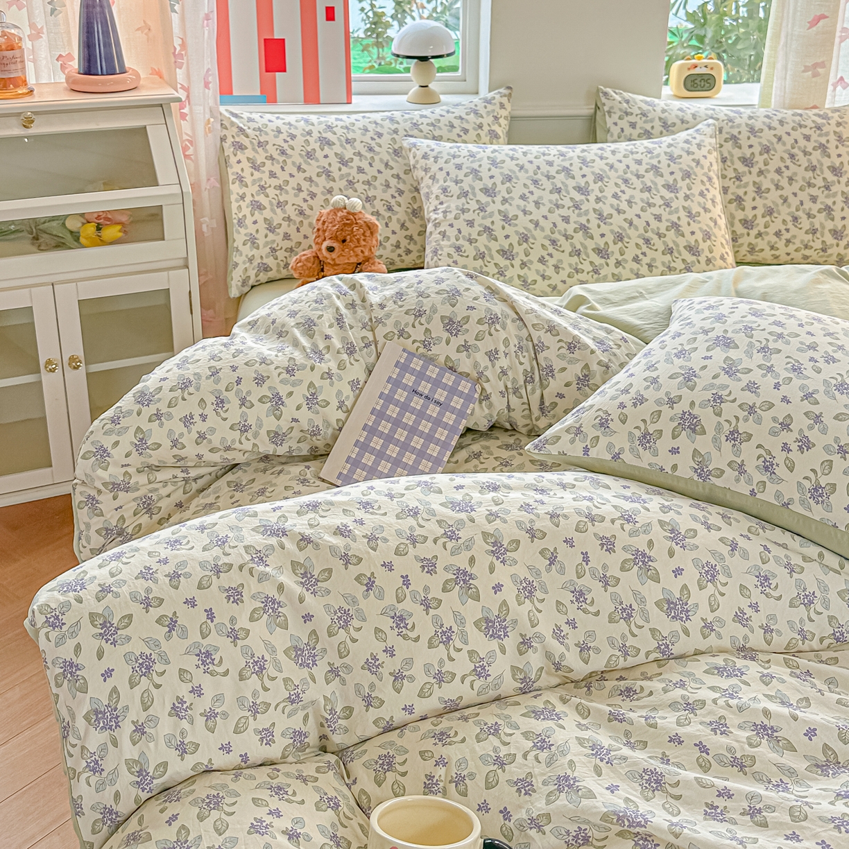 91家纺网 家纺一手货源 找家纺 斯卡诺家纺 2026新款春夏古法水洗仿棉云感纱四件套小布袋五件套 觅时光