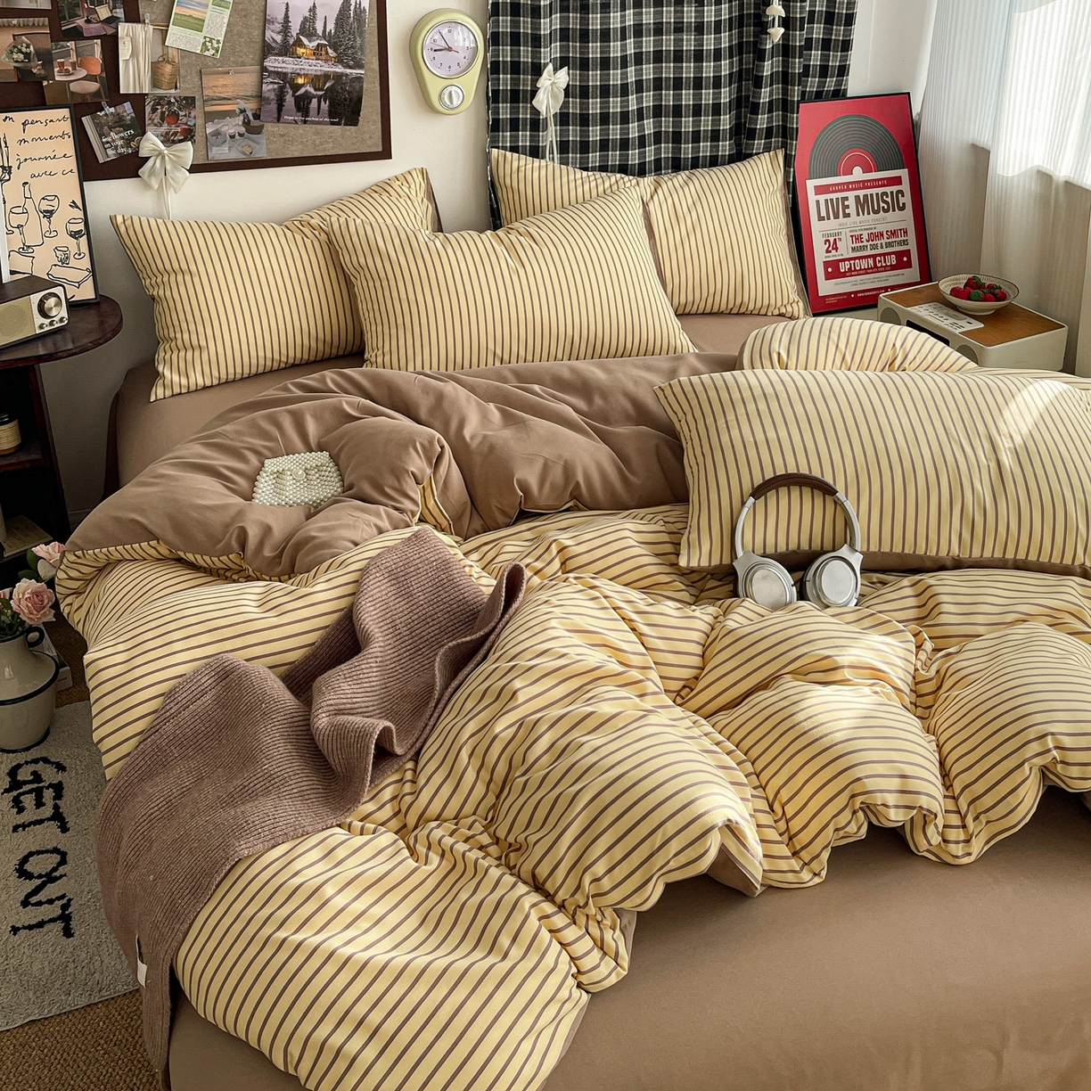 赫然 2026新款水洗双层纱四件套 柠檬咖条