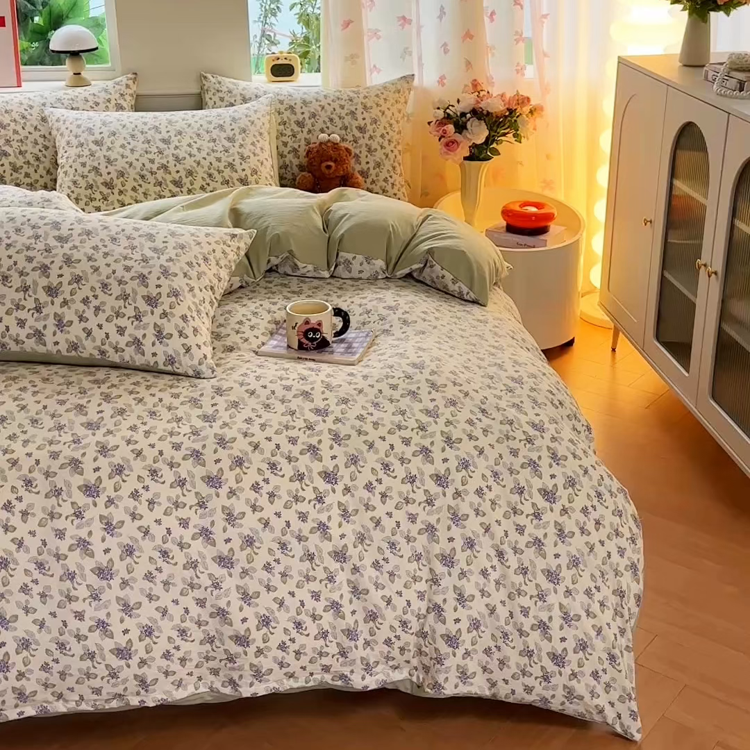 91家纺网 家纺一手货源 找家纺 斯卡诺家纺 2026新款春夏古法水洗仿棉云感纱四件套小布袋五件套 觅时光