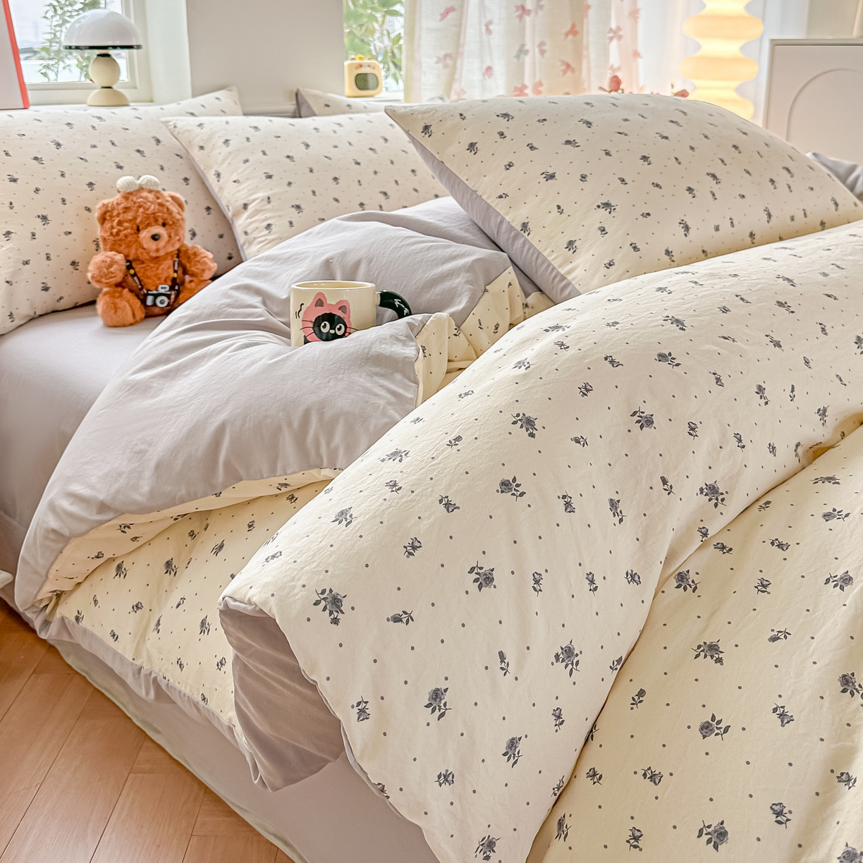 斯卡诺家纺 2026新款春夏古法水洗仿棉云感纱四件套小布袋五件套 慕兮