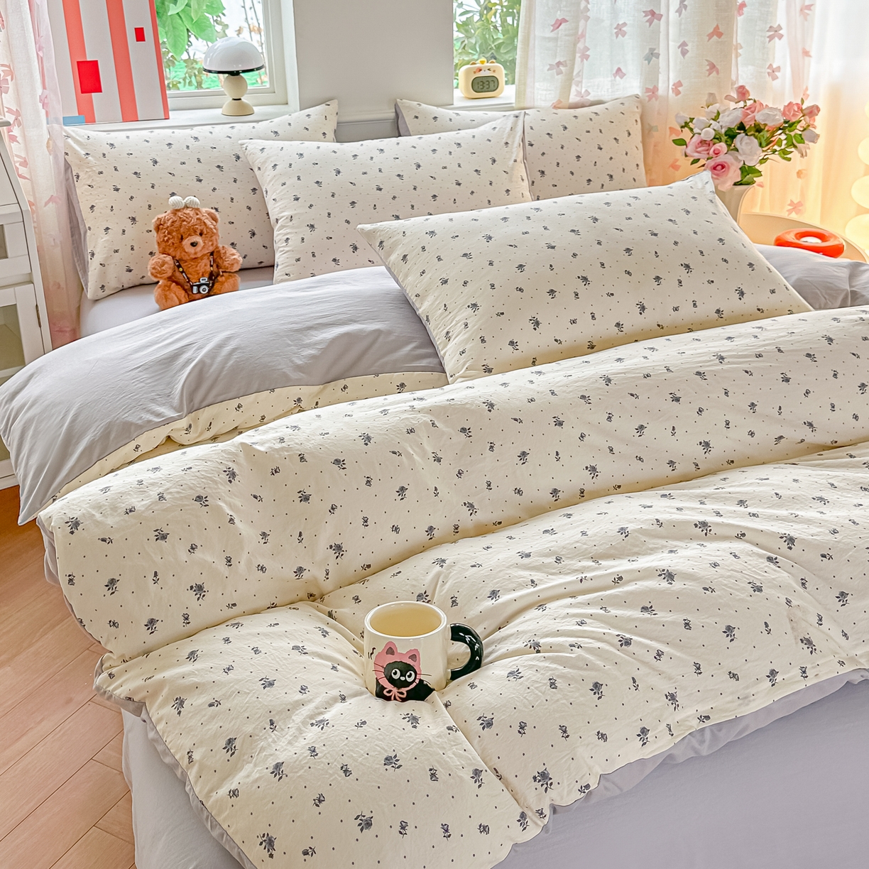 91家纺网 家纺一手货源 找家纺 斯卡诺家纺 2026新款春夏古法水洗仿棉云感纱四件套小布袋五件套 慕兮