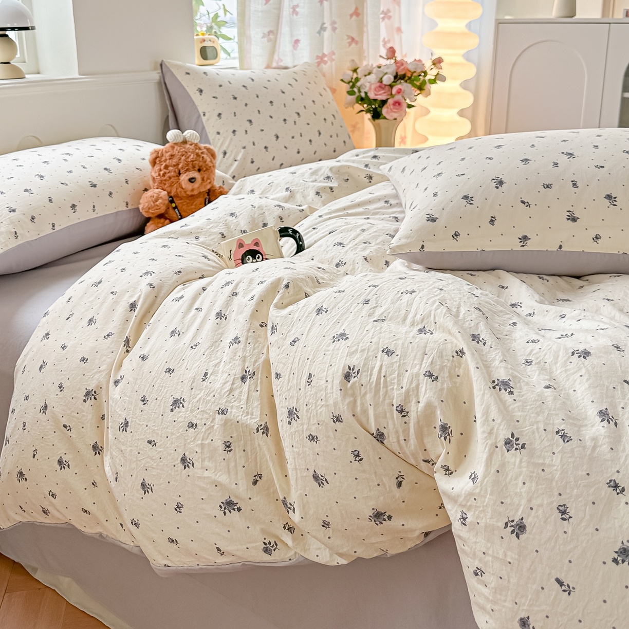 91家纺网 家纺一手货源 找家纺 斯卡诺家纺 2026新款春夏古法水洗仿棉云感纱四件套小布袋五件套 慕兮